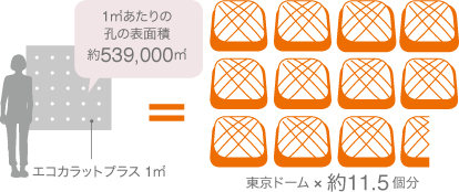 1㎡あたりの孔の表面積は、東京ドーム 約11.5個分